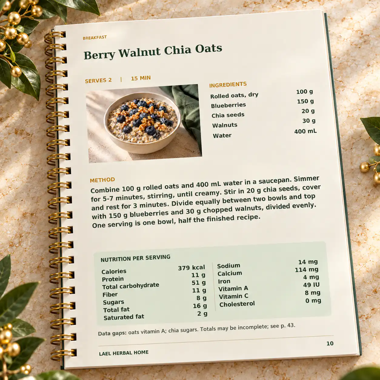 Spiral-bound nutrition guide open to Berry Walnut Chia Oats, showing ingredients, directions and nutrition per serving.