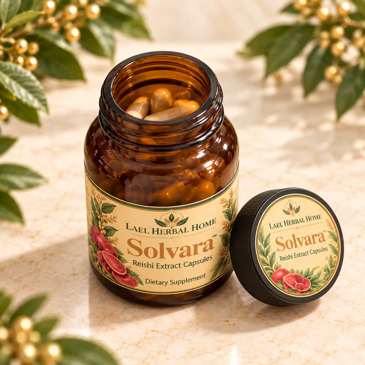 Open amber Solvara bottle showing capsules with its labeled black cap beside it.