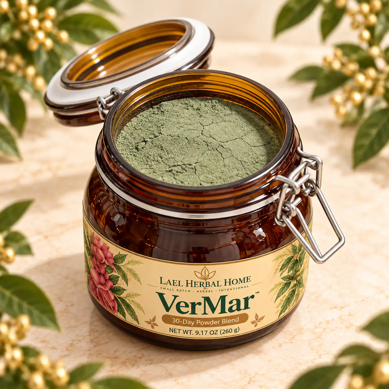 Open amber VerMar jar showing green powder.
