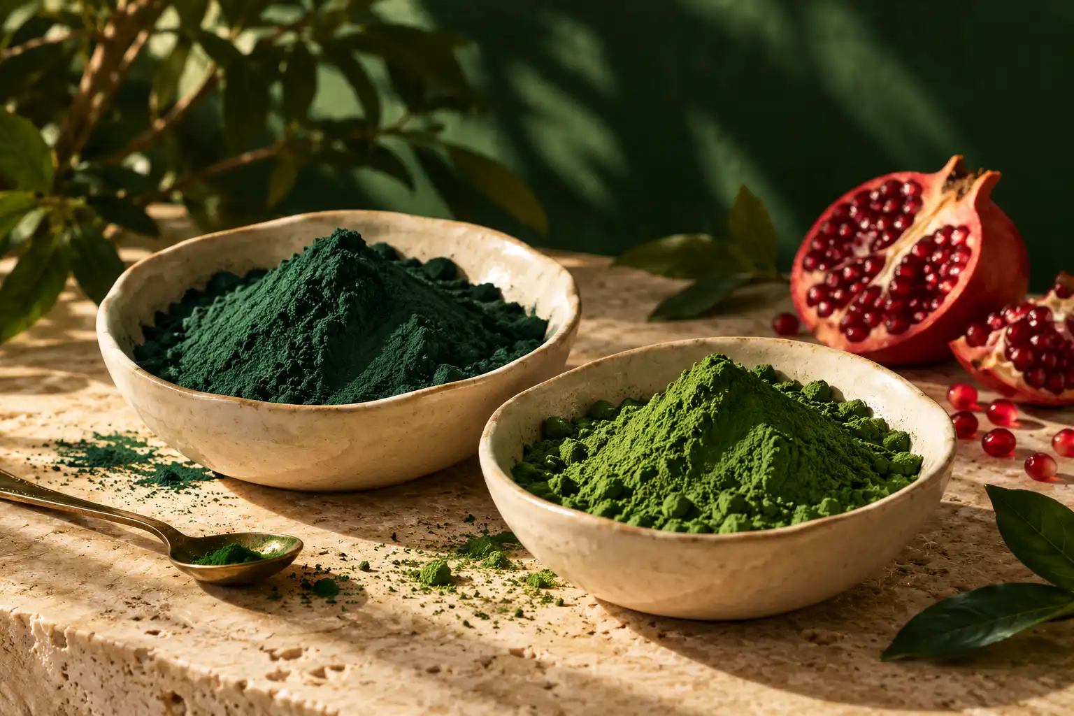 Illustrative still life featuring spirulina and chlorella powders with pomegranate as an accent.