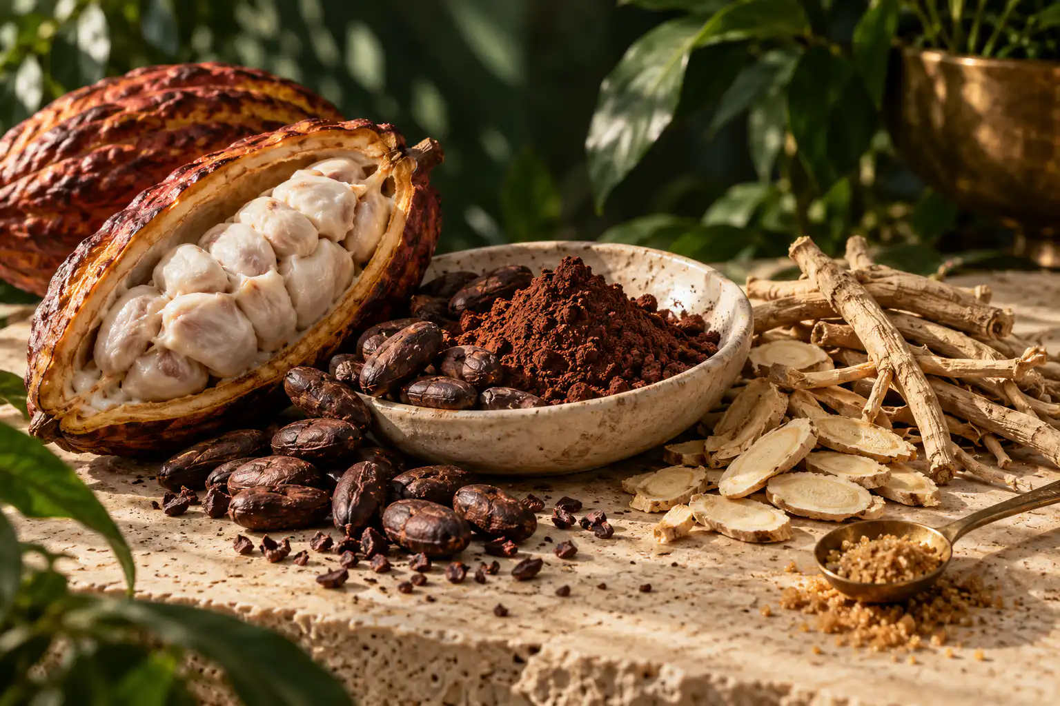 Illustrative still life of cacao, astragalus and ashwagandha roots on warm stone.