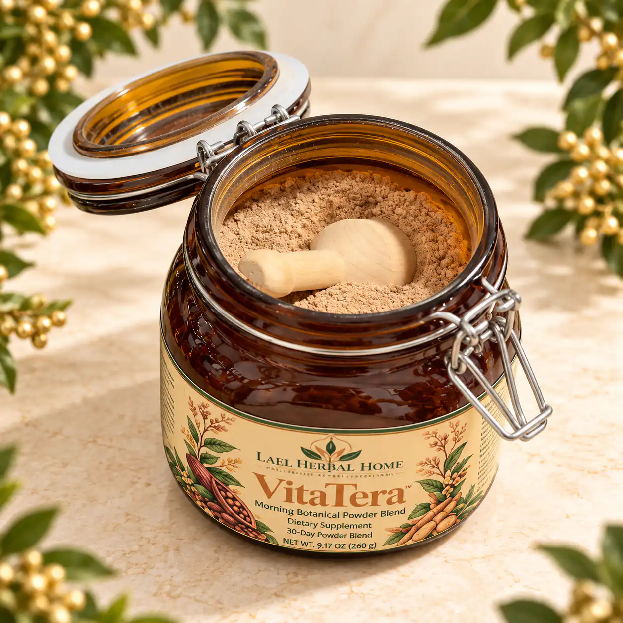 Open amber VitaTera jar showing tan powder and a wooden scoop.